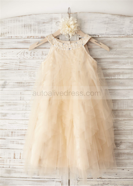 Boho Beach Champagne Tulle Knee Length Flower Girl Dress  Boho Beach Champagne Tulle Knee Length Flower Girl Dress